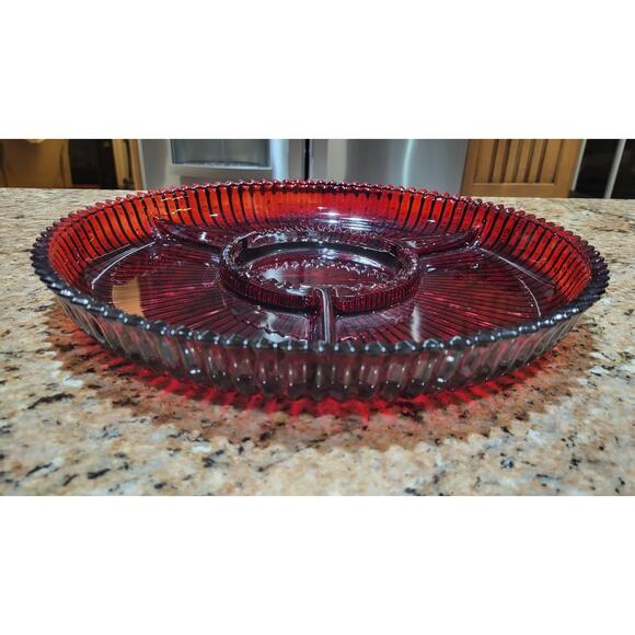 Mikasa Crystal 13" Divided Tray Diamond Fire Pattern Celebrations Red - Picture 6 of 10